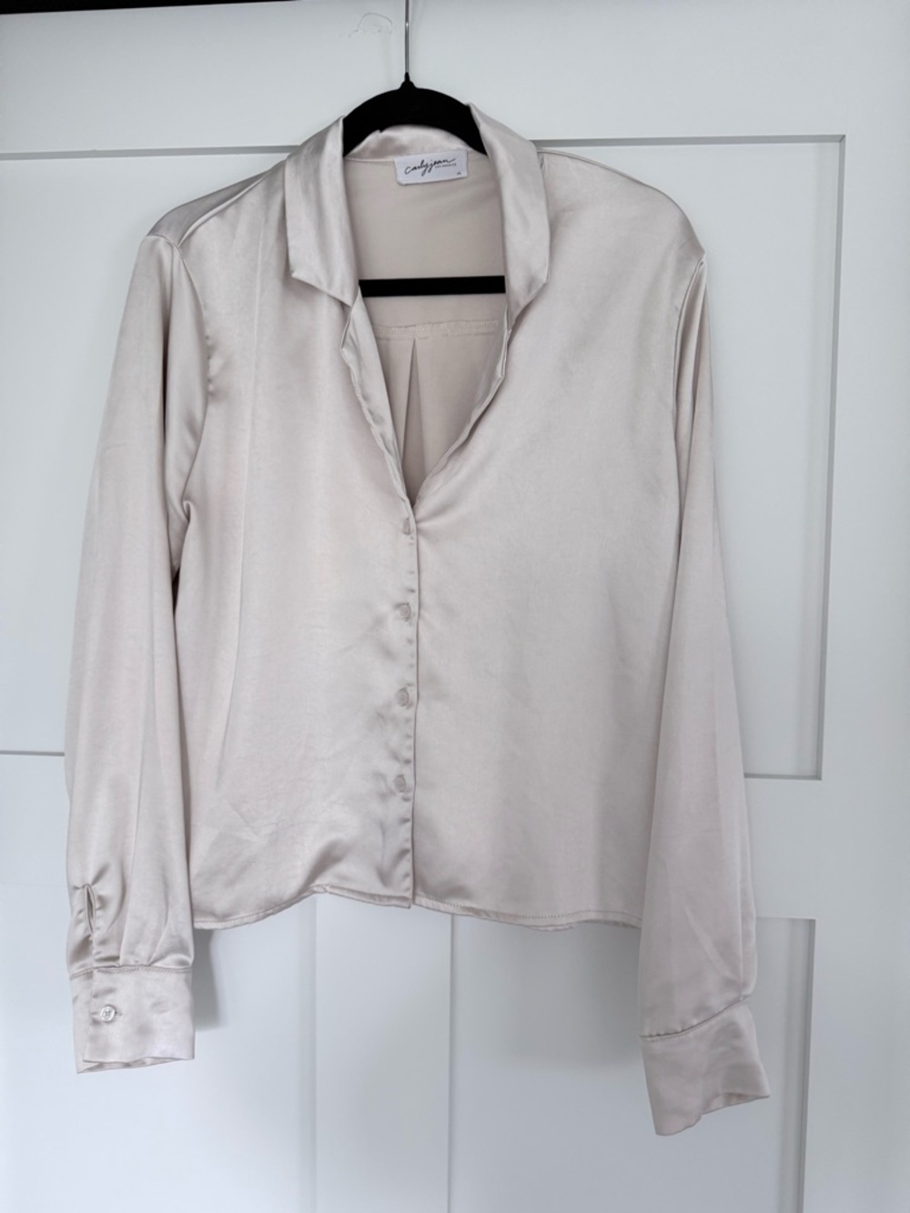 Carly Jean Los Angeles Satin Button-Down Blouse in Light Cream